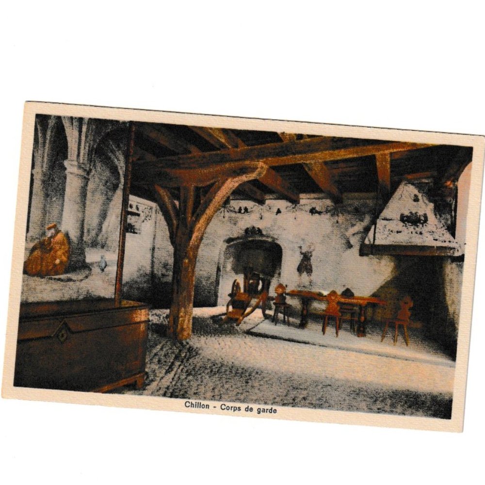 1930-40s Vintage Linen Post Card Chillon Corps de garde Switzerland